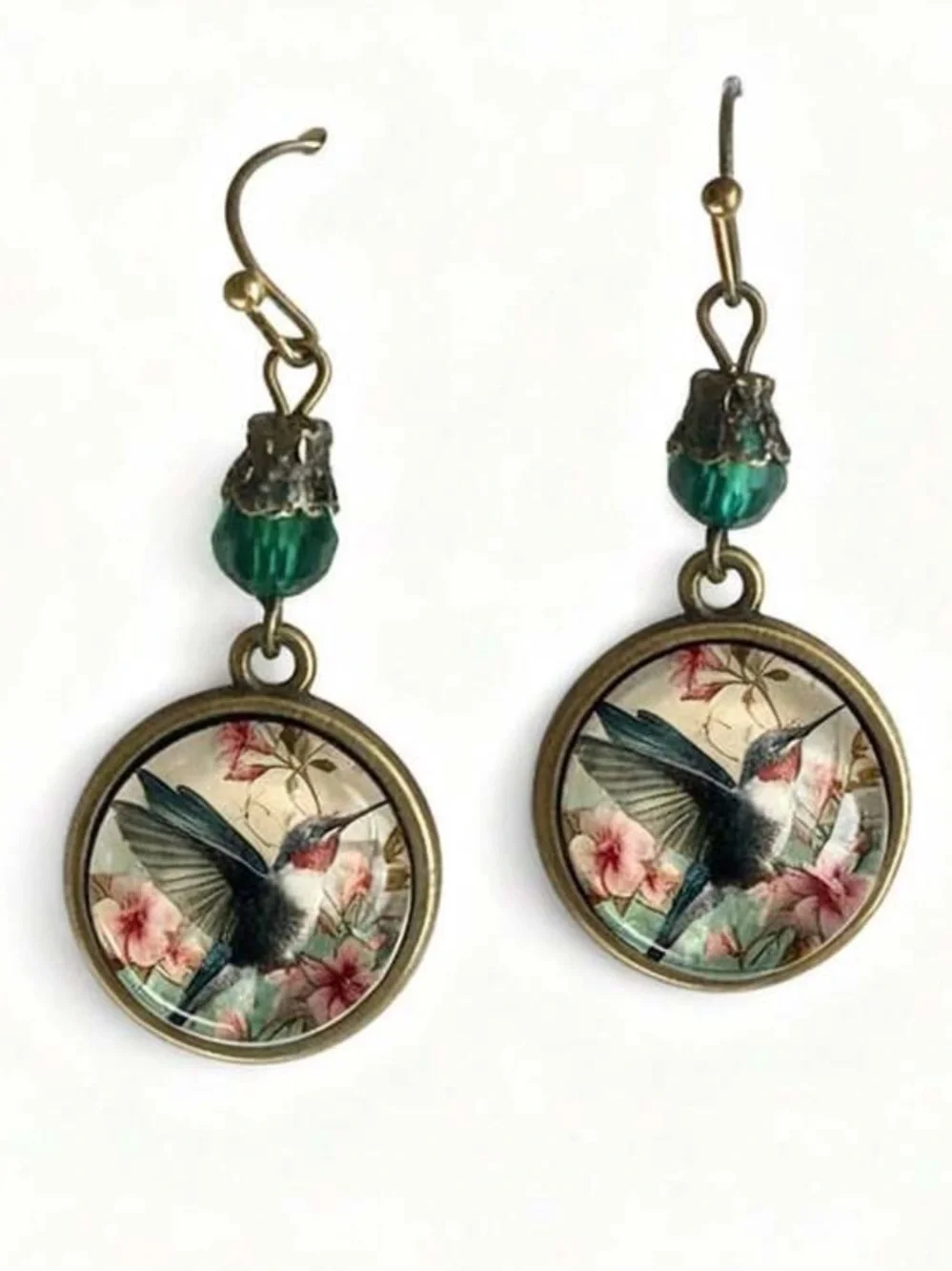 Hummingbird Floral Drop Earrings - Green / Antique Brass